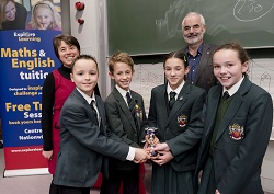 Cheadle Hulme School Pupils (left to right) Luke Ismay, Sam Murphy, Elizabeth Pollitt and Esme Brown with Sir David Spiegelhalter and Carey Ann Dodah in the National Young Mathematicians' Awards 2014