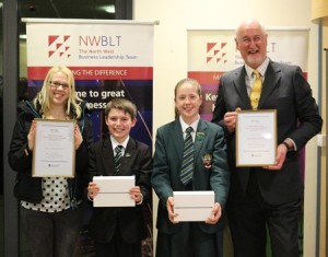 Alice Brown, Cheadle Hulme School, Year 7 Winner, Louis Swift, Sandymoor School in Runcorn, Year 8 Winner and two of the competition judges, North West Schools Science Competition 2014.
