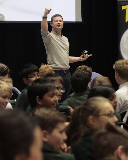 Dermot O'Leary talks to student in Cheadle Hulme School