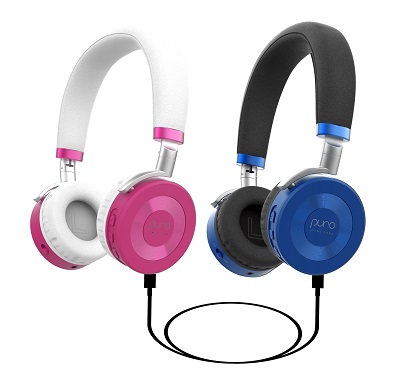 JuniorJams daisychain, pink and blue headphones connected together