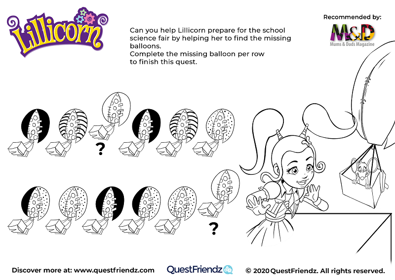 Hot air balloons and Lillicorn activity sheet | QuestFriendz for Mums&Dads
