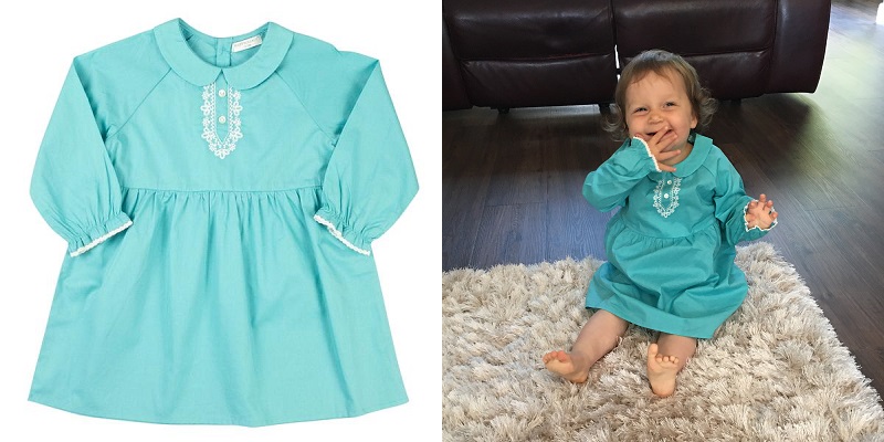 Toddler Wearing Happyology Baby Girls Pallene Embroidery Teal Dress