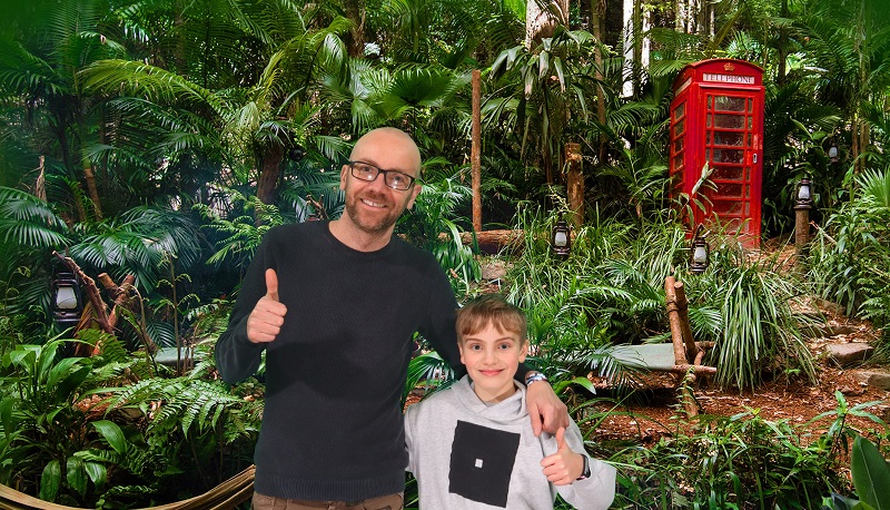Boy and father Entering the Jungle Challenge attraction