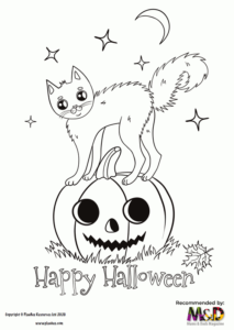 A cat on a pumpkin colouring in sheet by PlanBee (small)