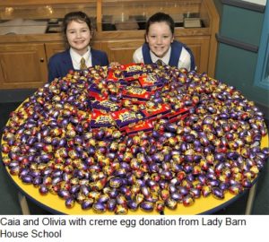 Caia and Olivia with creme egg donation from Lady Barn House School