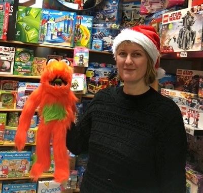 Amanda Alexander with toys at the Giddy Goat Toys shop