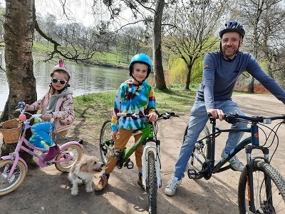 Family riding the bikes