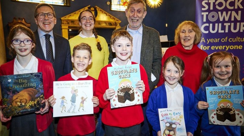 Kids, Michael Rosen and organizers at the Stockport Children's Poetry Festival 2024