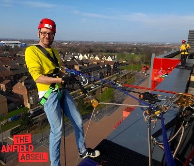 Abseiling at Anfield Stadium, Liverpool, down from the top of the Main Stand