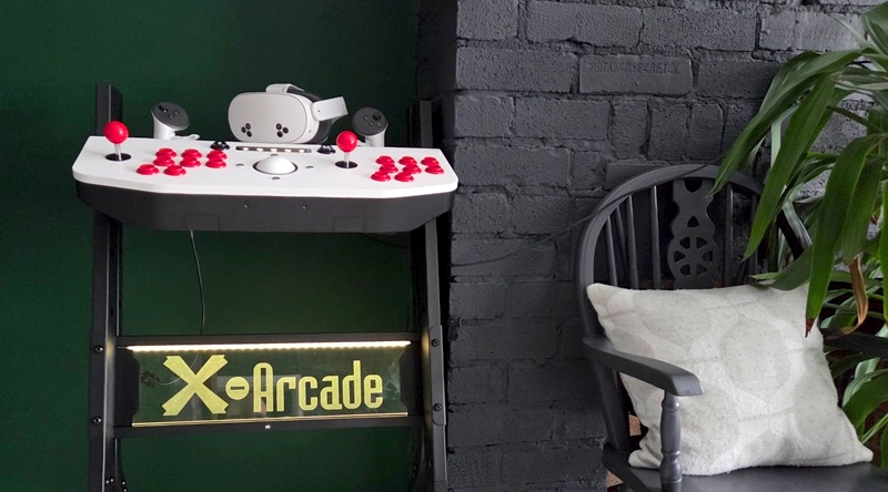 Arcade2TV-XR controller on a pedestal and Meta Quest 3S Headset