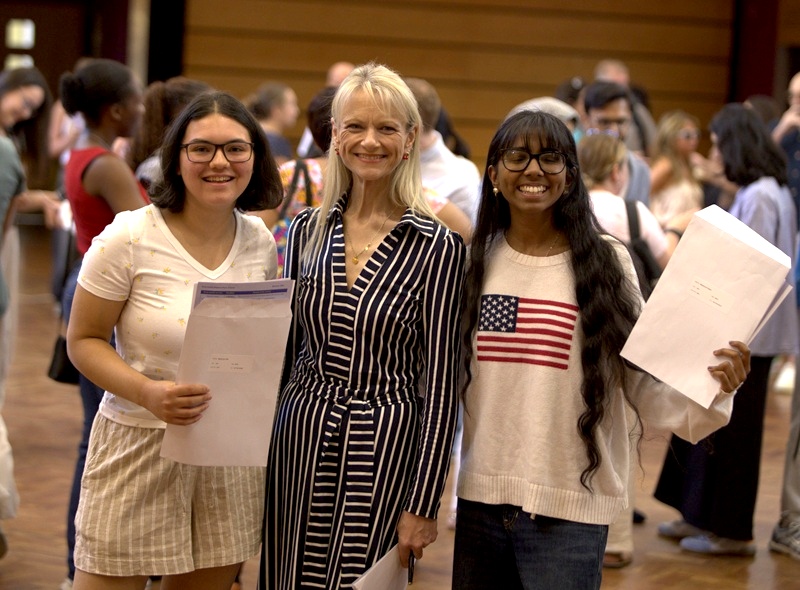 MHSG headmistress, Helen Jeys, with pupils who are happy with their A level results, 13aug 2026