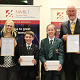 Alice Brown, Cheadle Hulme School, Year 7 Winner, Louis Swift, Sandymoor School in Runcorn, Year 8 Winner and two of the competition judges, North West Schools Science Competition 2014.