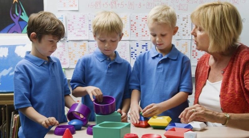 Primary school lesson, children and a teacher