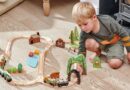 Boy playing with Tender Leaf Toys wild pines train set