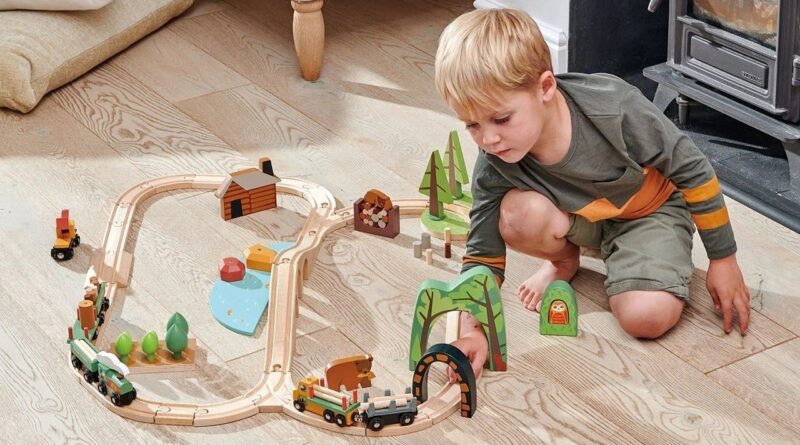 Boy playing with Tender Leaf Toys wild pines train set